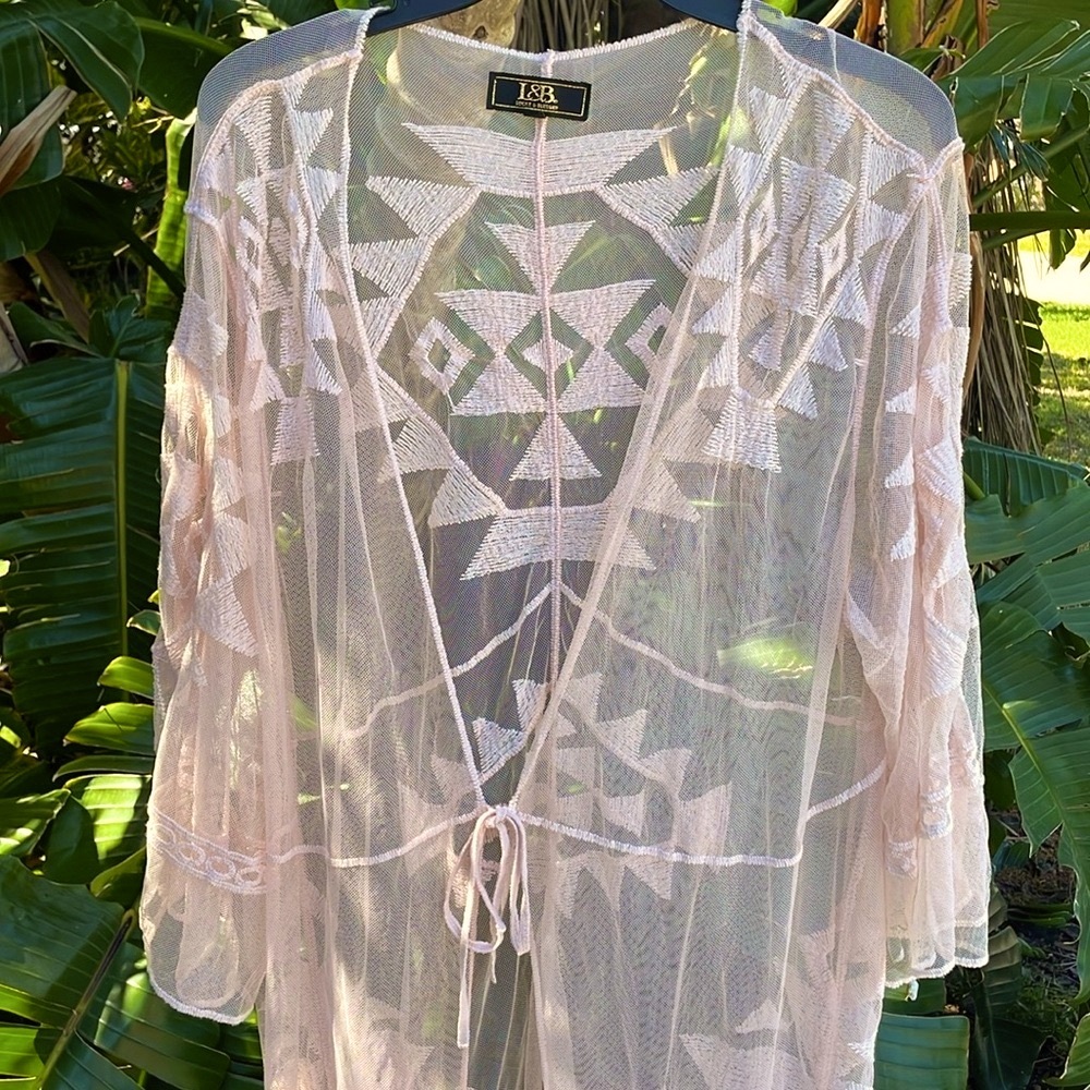 sheer embroidered mesh, long tunic jacket, or possibly a bathing suit co…